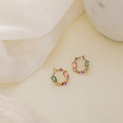 European Style 18K Small Circle Earrings 925 Silver Needle Wreath Simple Colored Diamond Earrings Small Earrings