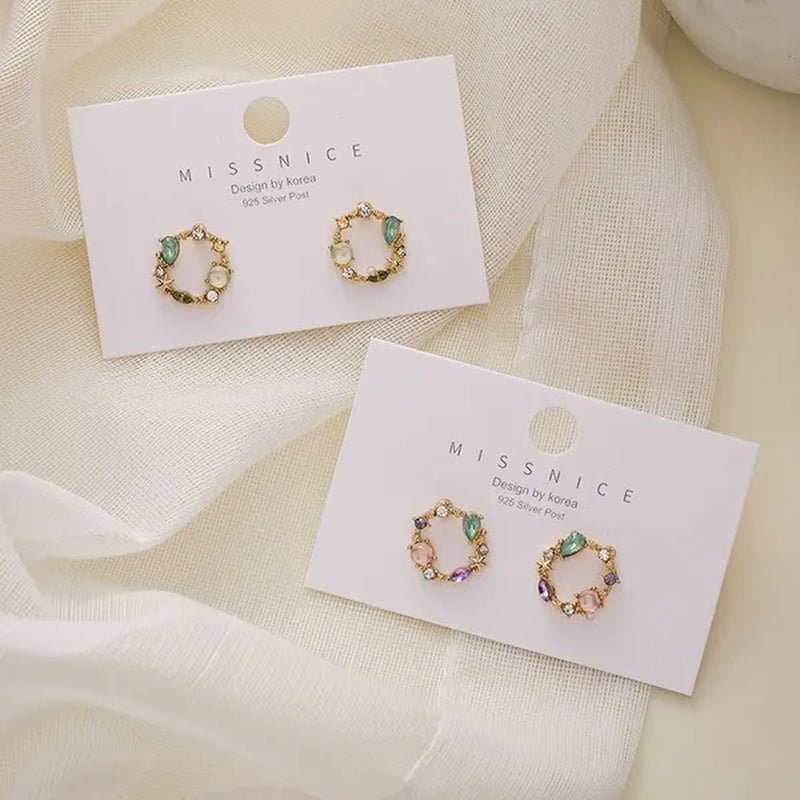 European Style 18K Small Circle Earrings 925 Silver Needle Wreath Simple Colored Diamond Earrings Small Earrings