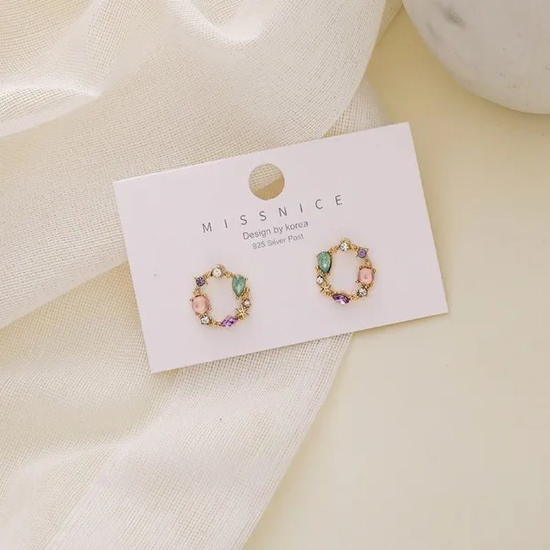 European Style 18K Small Circle Earrings 925 Silver Needle Wreath Simple Colored Diamond Earrings Small Earrings