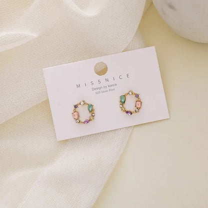 European Style 18K Small Circle Earrings 925 Silver Needle Wreath Simple Colored Diamond Earrings Small Earrings