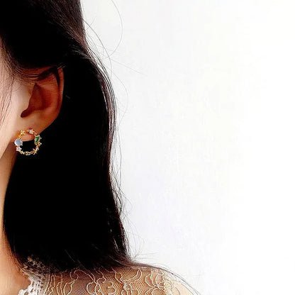 European Style 18K Small Circle Earrings 925 Silver Needle Wreath Simple Colored Diamond Earrings Small Earrings