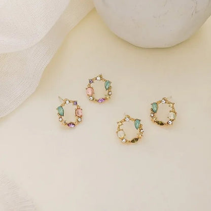 European Style 18K Small Circle Earrings 925 Silver Needle Wreath Simple Colored Diamond Earrings Small Earrings