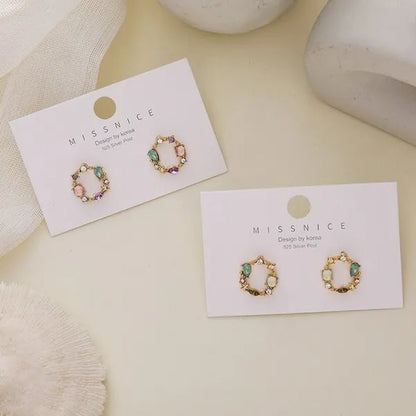 European Style 18K Small Circle Earrings 925 Silver Needle Wreath Simple Colored Diamond Earrings Small Earrings