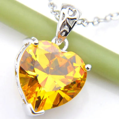 Excellent Shine Heart Fire Royal Citrine Yellow Cubic Zirconia Gems Silver Pendant Necklace