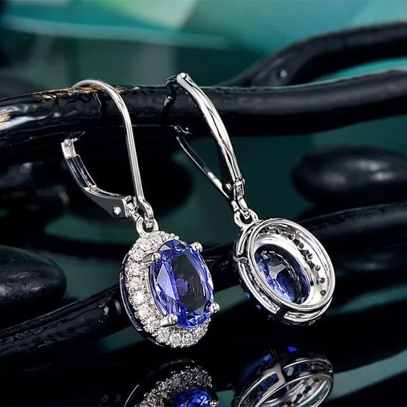 Exquisite 4 Prong Setting Oval Blue Sapphire Side Micro Inlay Diamond Drop Earring for Women Engagement Wedding Jewelry