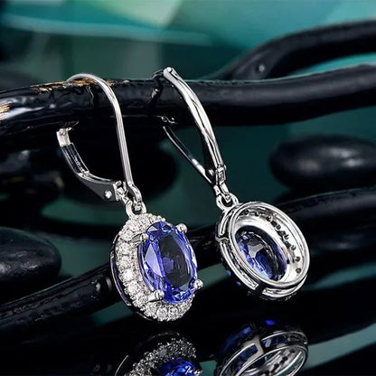 Exquisite 4 Prong Setting Oval Blue Sapphire Side Micro Inlay Diamond Drop Earring for Women Engagement Wedding Jewelry