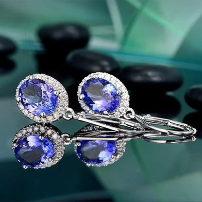 Exquisite 4 Prong Setting Oval Blue Sapphire Side Micro Inlay Diamond Drop Earring for Women Engagement Wedding Jewelry