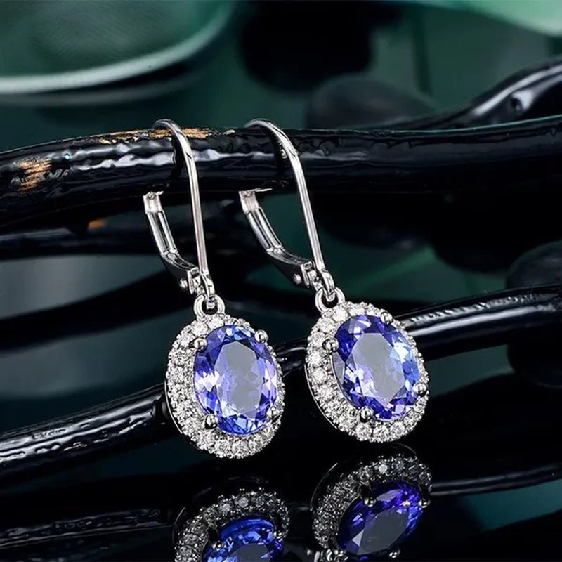 Exquisite 4 Prong Setting Oval Blue Sapphire Side Micro Inlay Diamond Drop Earring for Women Engagement Wedding Jewelry - WORLD TIME VISITS