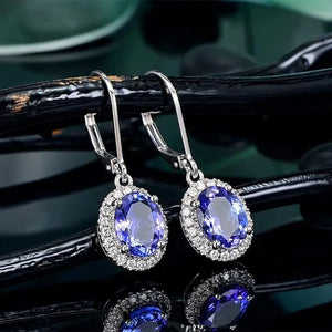 Exquisite 4 Prong Setting Oval Blue Sapphire Side Micro Inlay Diamond Drop Earring for Women Engagement Wedding Jewelry