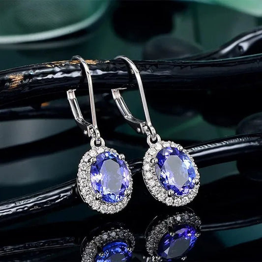 Exquisite 4 Prong Setting Oval Blue Sapphire Side Micro Inlay Diamond Drop Earring for Women Engagement Wedding Jewelry - WORLD TIME VISITS