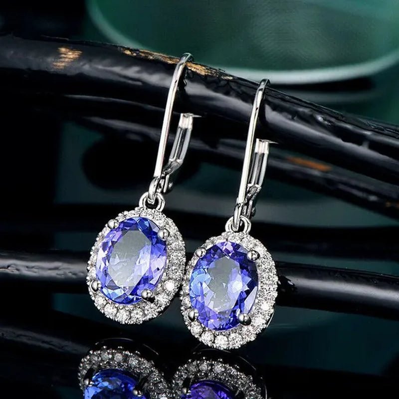 Exquisite 4 Prong Setting Oval Blue Sapphire Side Micro Inlay Diamond Drop Earring for Women Engagement Wedding Jewelry - WORLD TIME VISITS