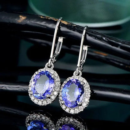 Exquisite 4 Prong Setting Oval Blue Sapphire Side Micro Inlay Diamond Drop Earring for Women Engagement Wedding Jewelry - WORLD TIME VISITS