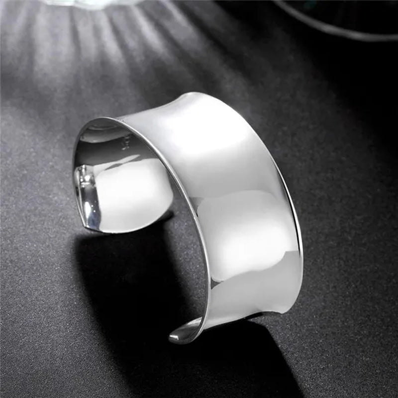 Exquisite 925 Silver Color Smooth Wide Open Bangle Bracelets for Women Man Fashion Party Wedding Jewelry Valentine'S Gift - WORLD TIME VISITS
