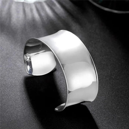 Exquisite 925 Silver Color Smooth Wide Open Bangle Bracelets for Women Man Fashion Party Wedding Jewelry Valentine'S Gift - WORLD TIME VISITS