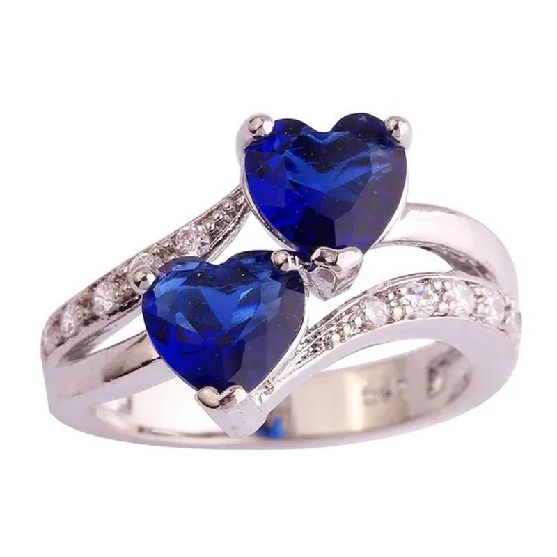 Exquisite 925 Sterling Silver Double Love Heart Rings Natural Sapphire Gemstones Crystal Diamond Wedding Engagement Ring Jewelry Accessories