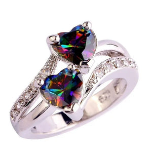 Exquisite 925 Sterling Silver Double Love Heart Rings Natural Sapphire Gemstones Crystal Diamond Wedding Engagement Ring Jewelry Accessories