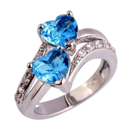 Exquisite 925 Sterling Silver Double Love Heart Rings Natural Sapphire Gemstones Crystal Diamond Wedding Engagement Ring Jewelry Accessories