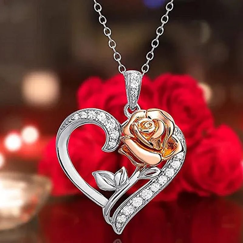 Exquisite Fashion Heart Rose Zircon Necklace Couple Heart Pendant Engagement Necklaces for Women Rose Jewelry Wedding Accessories Birthday Party Anniversary Gift