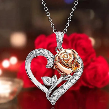 Exquisite Fashion Heart Rose Zircon Necklace Couple Heart Pendant Engagement Necklaces for Women Rose Jewelry Wedding Accessories Birthday Party Anniversary Gift