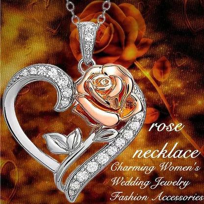 Exquisite Fashion Heart Rose Zircon Necklace Couple Heart Pendant Engagement Necklaces for Women Rose Jewelry Wedding Accessories Birthday Party Anniversary Gift
