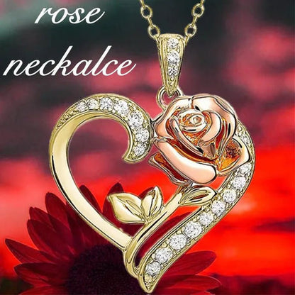 Exquisite Fashion Heart Rose Zircon Necklace Couple Heart Pendant Engagement Necklaces for Women Rose Jewelry Wedding Accessories Birthday Party Anniversary Gift