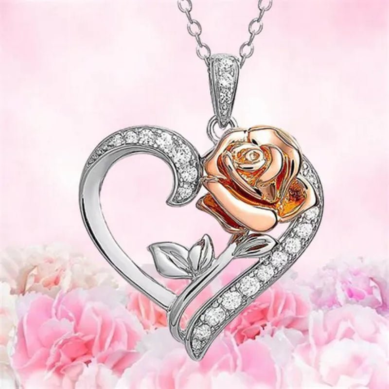 Exquisite Fashion Heart Rose Zircon Necklace Couple Heart Pendant Engagement Necklaces for Women Rose Jewelry Wedding Accessories Birthday Party Anniversary Gift - WORLD TIME VISITS
