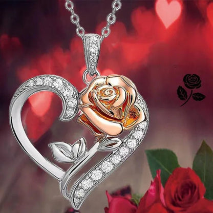 Exquisite Fashion Heart Rose Zircon Necklace Couple Heart Pendant Engagement Necklaces for Women Rose Jewelry Wedding Accessories Birthday Party Anniversary Gift - WORLD TIME VISITS
