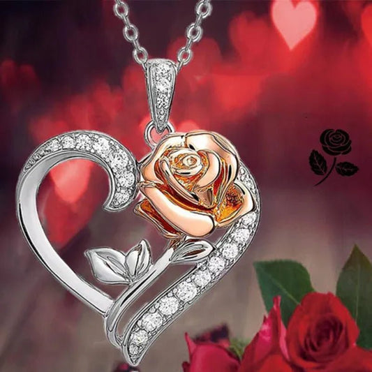 Exquisite Fashion Heart Rose Zircon Necklace Couple Heart Pendant Engagement Necklaces for Women Rose Jewelry Wedding Accessories Birthday Party Anniversary Gift - WORLD TIME VISITS