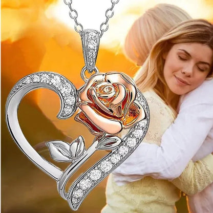 Exquisite Fashion Heart Rose Zircon Necklace Couple Heart Pendant Engagement Necklaces for Women Rose Jewelry Wedding Accessories Birthday Party Anniversary Gift