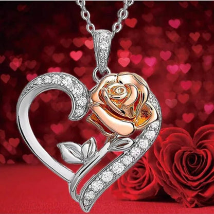 Exquisite Fashion Heart Rose Zircon Necklace Couple Heart Pendant Engagement Necklaces for Women Rose Jewelry Wedding Accessories Birthday Party Anniversary Gift