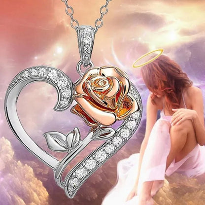 Exquisite Fashion Heart Rose Zircon Necklace Couple Heart Pendant Engagement Necklaces for Women Rose Jewelry Wedding Accessories Birthday Party Anniversary Gift