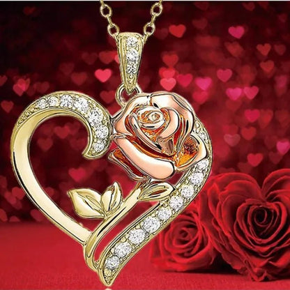 Exquisite Fashion Heart Rose Zircon Necklace Couple Heart Pendant Engagement Necklaces for Women Rose Jewelry Wedding Accessories Birthday Party Anniversary Gift - WORLD TIME VISITS