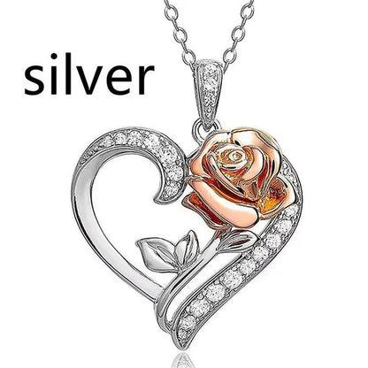 Exquisite Fashion Heart Rose Zircon Necklace Couple Heart Pendant Engagement Necklaces for Women Rose Jewelry Wedding Accessories Birthday Party Anniversary Gift