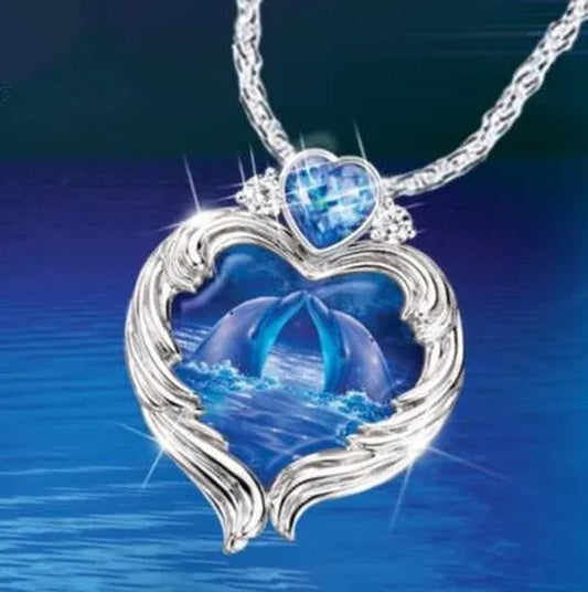Exquisite Fashion Heart Zircon Dolphin Necklace Moonlight Kiss Dolphin Art Pendant Necklace Sapphire Necklace Ocean Style Jewelry Diamond Jewelry Family Necklace Proposal Wedding Anniversary Christmas Party Gift Necklace for Women and Mom - WORLD TIME VISITS