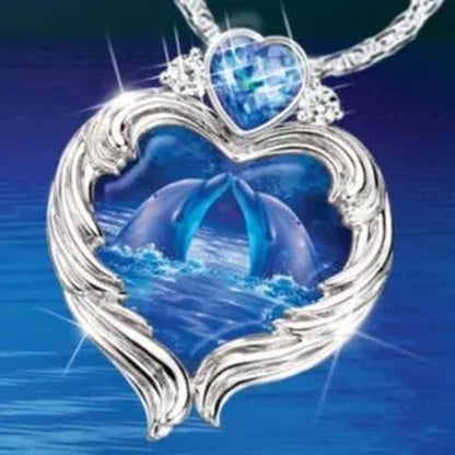 Exquisite Fashion Heart Zircon Dolphin Necklace Moonlight Kiss Dolphin Art Pendant Necklace Sapphire Necklace Ocean Style Jewelry Diamond Jewelry Family Necklace Proposal Wedding Anniversary Christmas Party Gift Necklace for Women and Mom - WORLD TIME VISITS