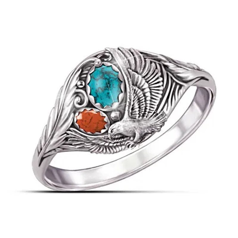 Exquisite Fashion Spirit of the Eagle Ring 925 Sterling Silver Native American - Inspired Ring with Turquoise and Red Jasper Cabochons Sculpted Eagle and Feathers Design Engagement Wedding Gift Ring Jewelry Size 5 - 10 - WORLD TIME VISITS