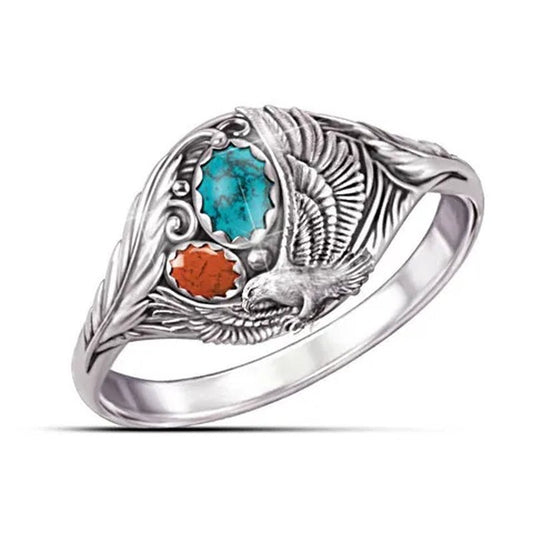 Exquisite Fashion Spirit of the Eagle Ring 925 Sterling Silver Native American - Inspired Ring with Turquoise and Red Jasper Cabochons Sculpted Eagle and Feathers Design Engagement Wedding Gift Ring Jewelry Size 5 - 10 - WORLD TIME VISITS