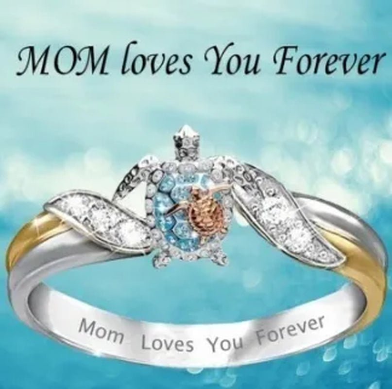 Exquisite Lover White Sapphire Gemstone Two-tone  Gold  Mom Loves You Forever  Cute Sea Turtle  Silver Rings for Women Lover's Mother's Day Gift Anniversary Party Banquet Ring Size 5-11