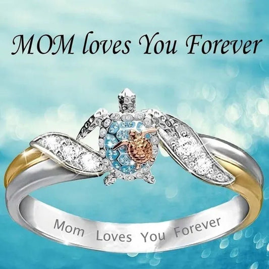 Exquisite Lover White Sapphire Gemstone Two - tone Gold Mom Loves You Forever Cute Sea Turtle Silver Rings for Women Lover's Mother's Day Gift Anniversary Party Banquet Ring Size 5 - 11 - WORLD TIME VISITS