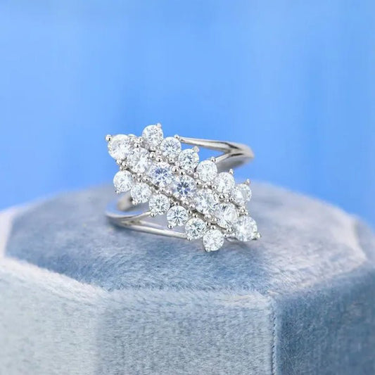 Exquisite Luxury Three Rows Sparkling Zirconia Ring Bridal Engagement Reception Anniversary Jewelry Gift - WORLD TIME VISITS