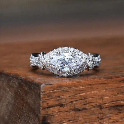 Exquisite Marquise Cut Natural Gem Moissanite 18K White Gold Women's Ring Simulation Diamond Wedding Ring - WORLD TIME VISITS