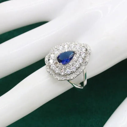 Exquisite Necklace 925 Silver Jewelry Sets for Women Wedding Royal Blue Topaz Earring Ring Pendant Holiday Christmas Gift