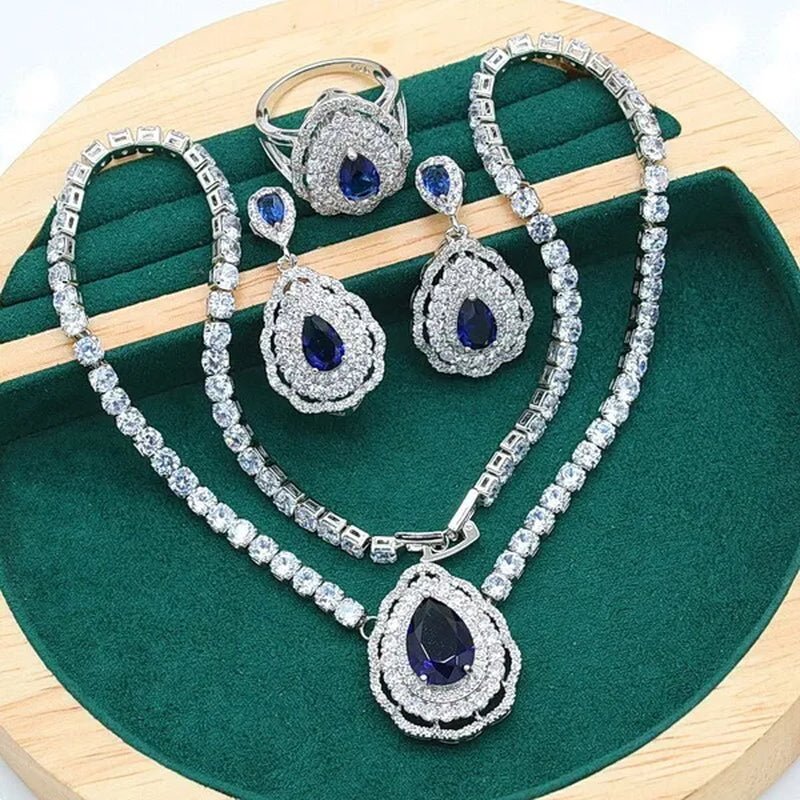 Exquisite Necklace 925 Silver Jewelry Sets for Women Wedding Royal Blue Topaz Earring Ring Pendant Holiday Christmas Gift - WORLD TIME VISITS