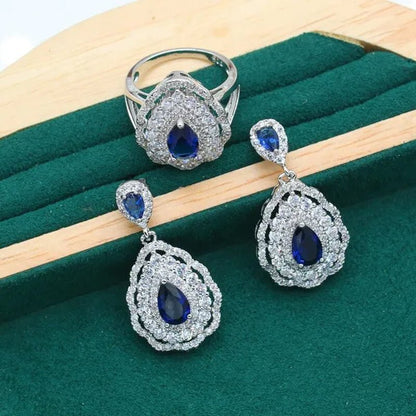 Exquisite Necklace 925 Silver Jewelry Sets for Women Wedding Royal Blue Topaz Earring Ring Pendant Holiday Christmas Gift - WORLD TIME VISITS