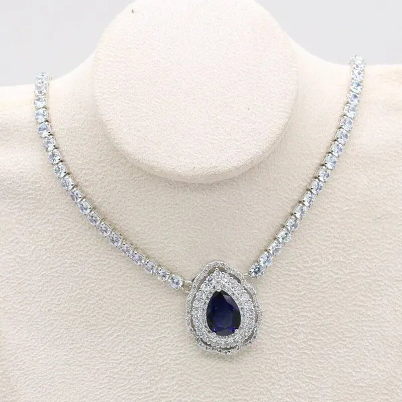 Exquisite Necklace 925 Silver Jewelry Sets for Women Wedding Royal Blue Topaz Earring Ring Pendant Holiday Christmas Gift