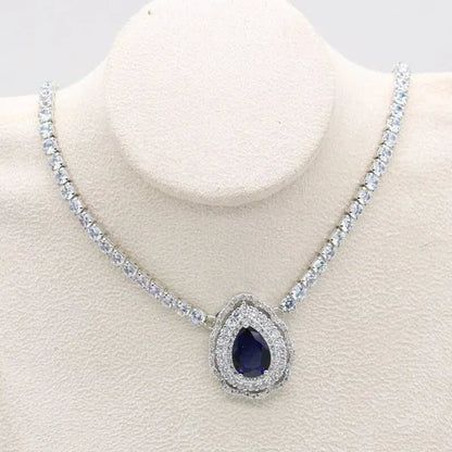 Exquisite Necklace 925 Silver Jewelry Sets for Women Wedding Royal Blue Topaz Earring Ring Pendant Holiday Christmas Gift
