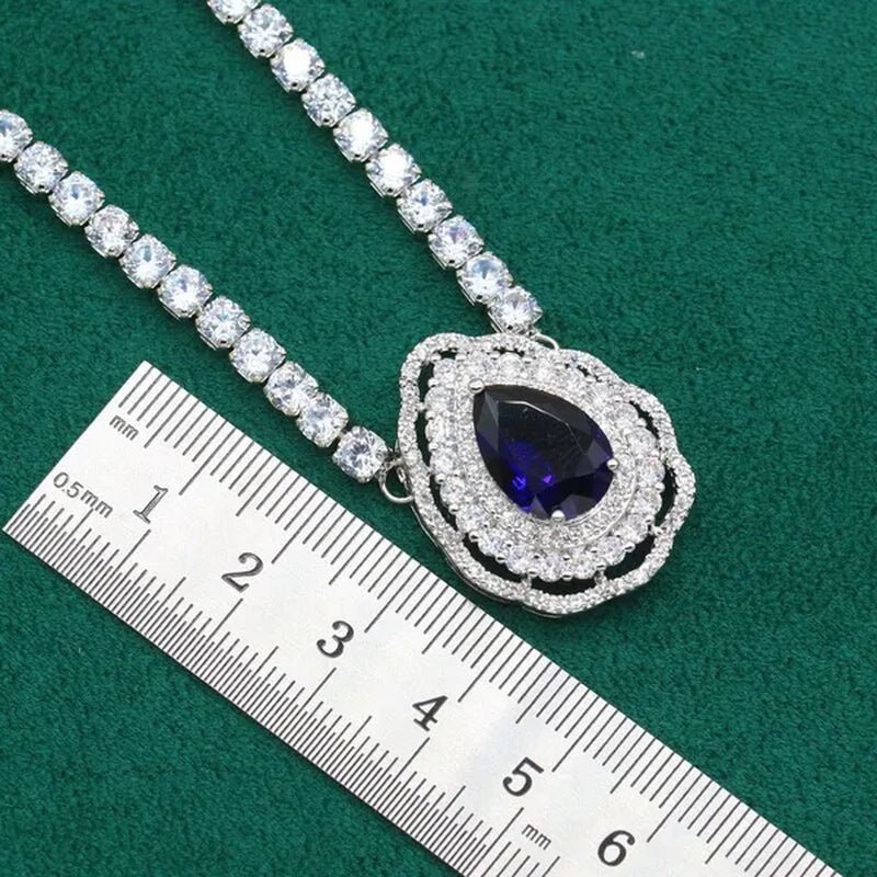 Exquisite Necklace 925 Silver Jewelry Sets for Women Wedding Royal Blue Topaz Earring Ring Pendant Holiday Christmas Gift