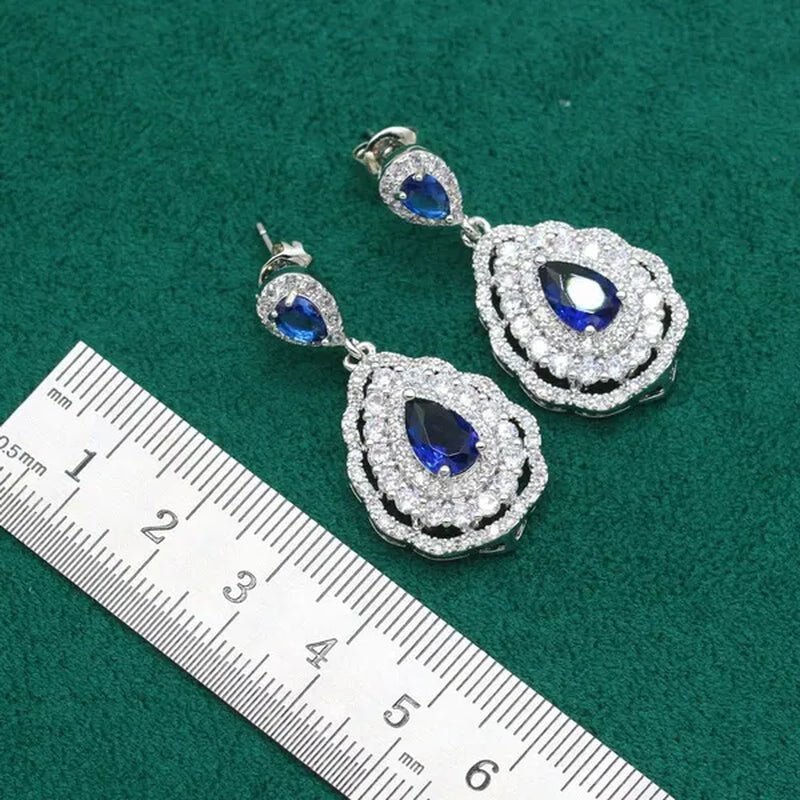 Exquisite Necklace 925 Silver Jewelry Sets for Women Wedding Royal Blue Topaz Earring Ring Pendant Holiday Christmas Gift - WORLD TIME VISITS