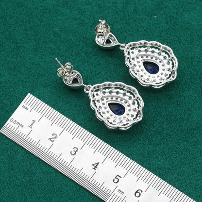 Exquisite Necklace 925 Silver Jewelry Sets for Women Wedding Royal Blue Topaz Earring Ring Pendant Holiday Christmas Gift