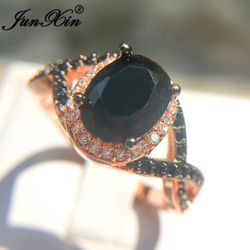 Exquisite Rose Gold Plated Large Oval Stone X Ring Women Filled Black Zircon Crystal Zircon Ring Female Wedding Ring Mother New Year Gift Princess Bride Engagement Wedding Ring Jewelry Size 4 5 6 7 8 9 10 11